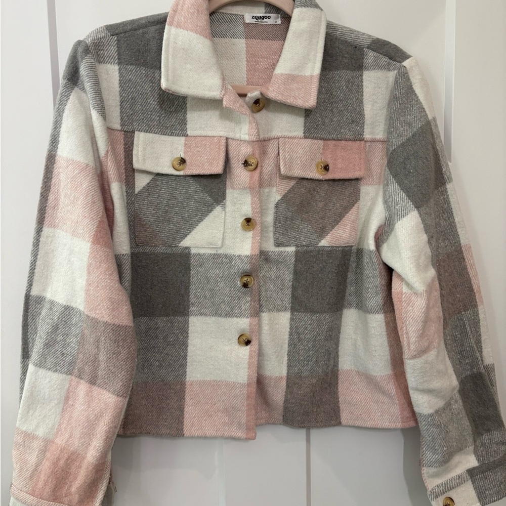 Women's Plaid Button-Front Shacket in Pink, Gray & White